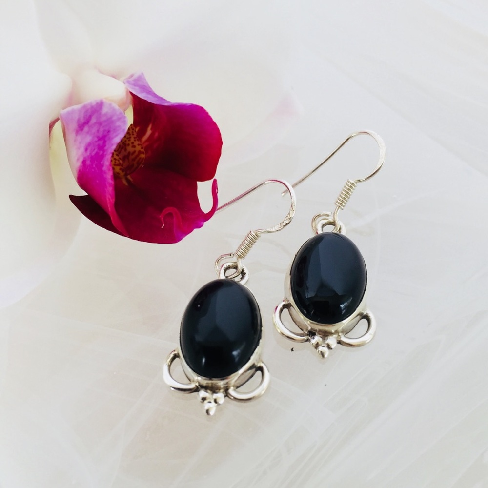 925 Sterling Silver Earrings Black Onyx Cabochons